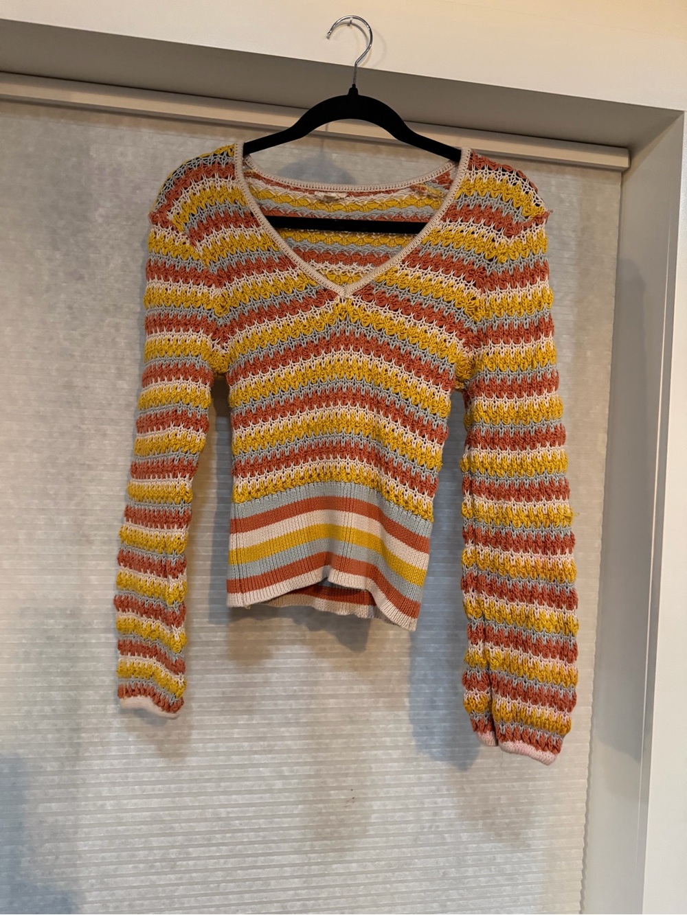 Hem & Thread Striped V-Neck Crochet Sweater in Yellow, Orange & Cream